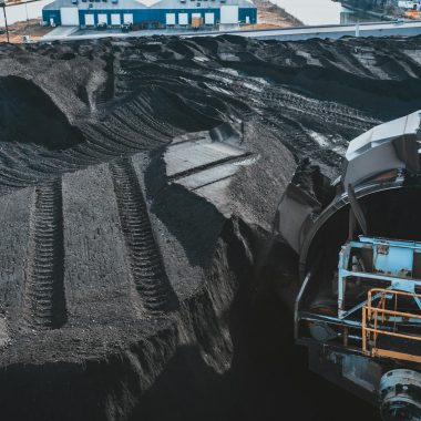 High angle view of coal processing facility with conveyor and machinery in Baltimore.